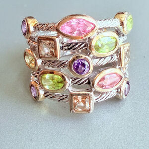 Confetti 5 Row Topaz Peridot Gemstone 18mm Wide Sterling Silver 925 Heavy Ring